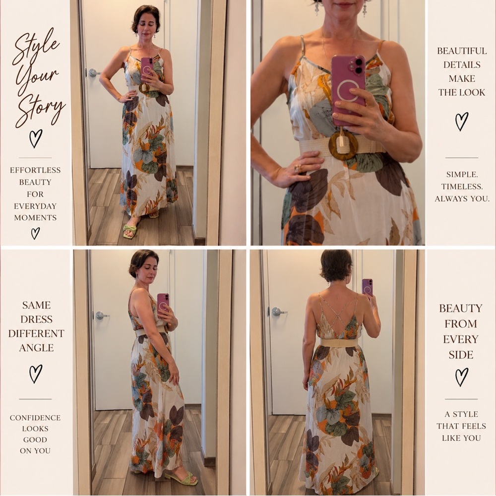 Floral Spaghetti-Strap Maxi Dress in Cream and Green